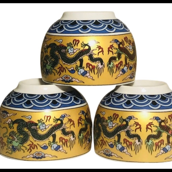 Antique Japanese Cups Asian Style Stoneware Dragon Design set of 3 - Picture 8 of 8